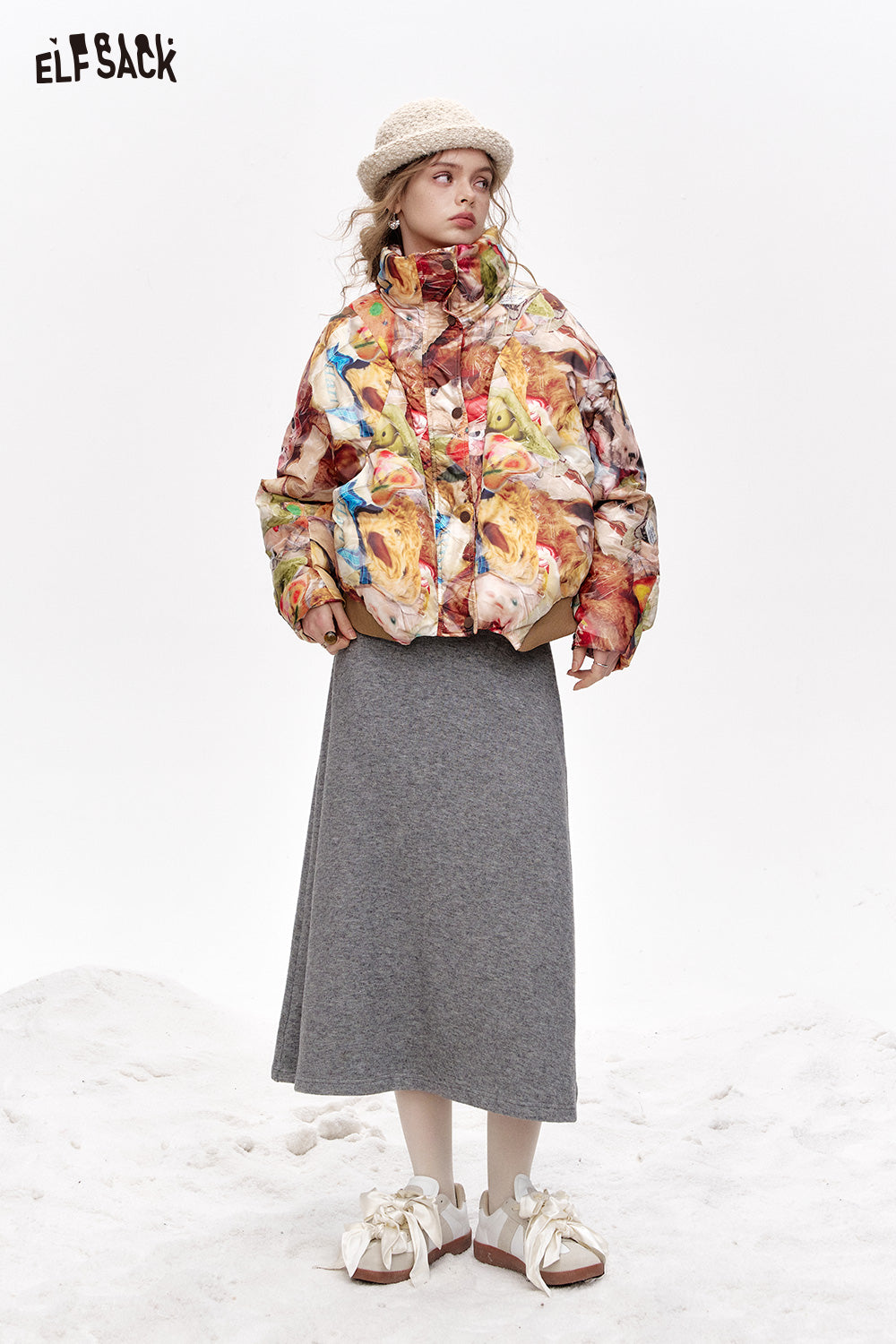 ELFSACK Retro casual gray embroidered knitted hooded collar long dress