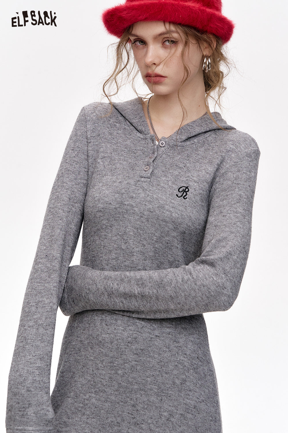 ELFSACK Retro casual gray embroidered knitted hooded collar long dress