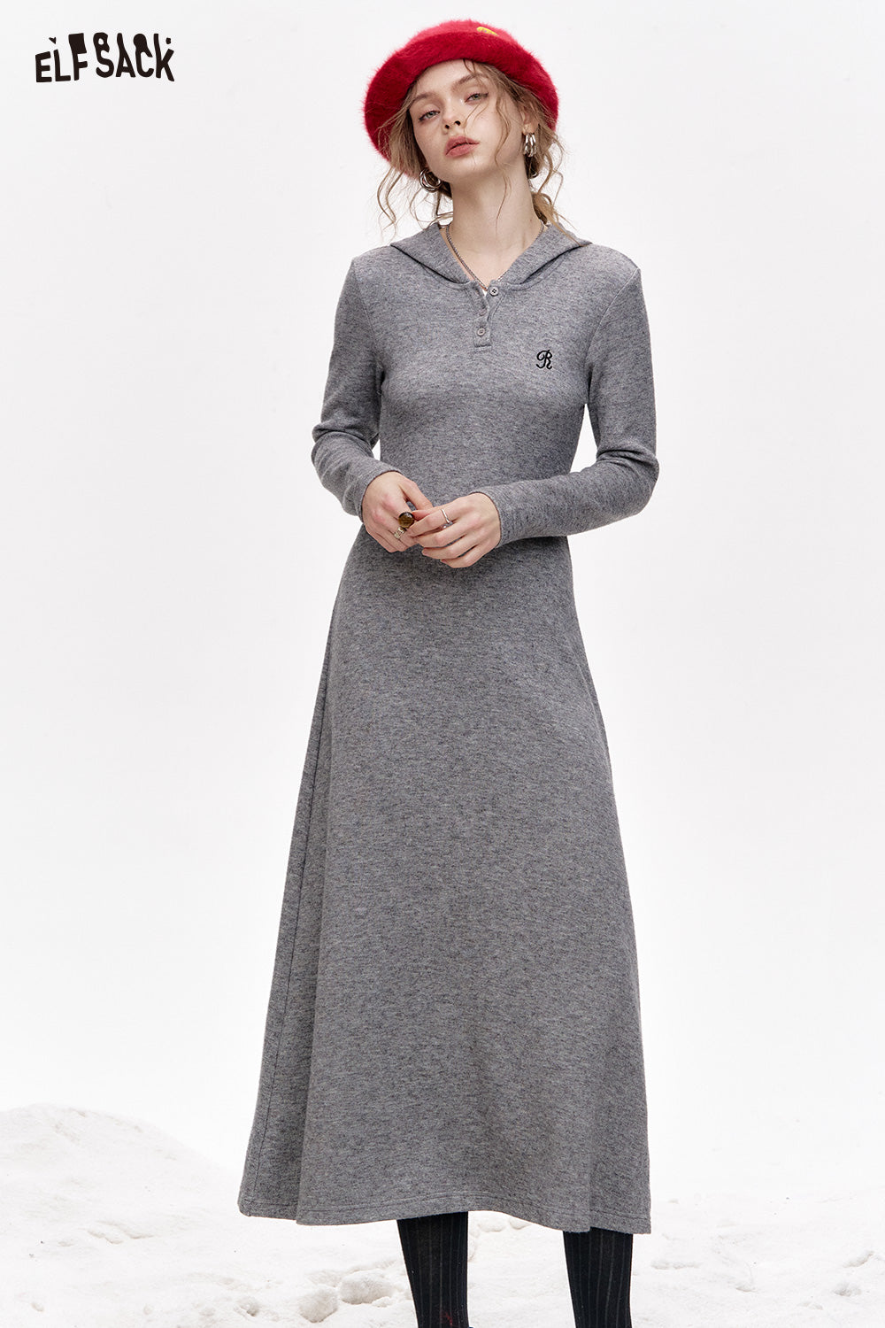 ELFSACK Retro casual gray embroidered knitted hooded collar long dress