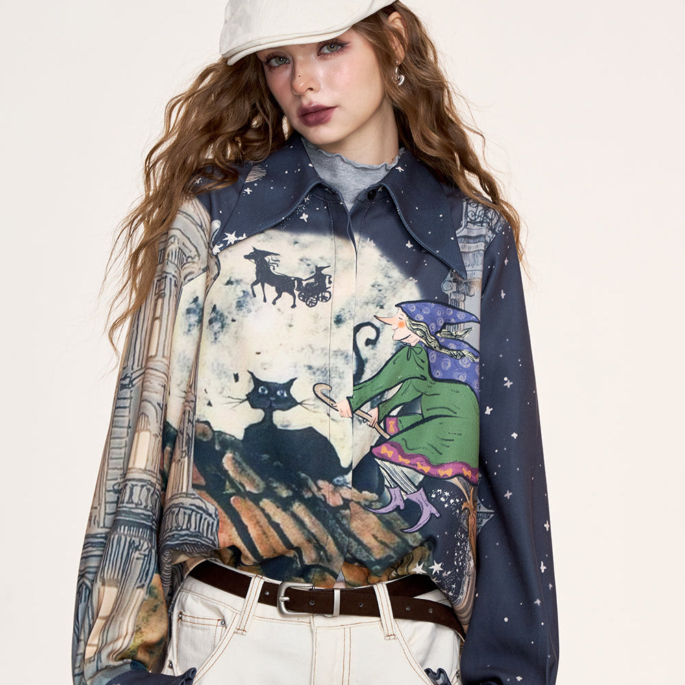 ELFSACK 2024 Winter New Arrivals Original illustrations full print casual shirts for women, retro college style tops