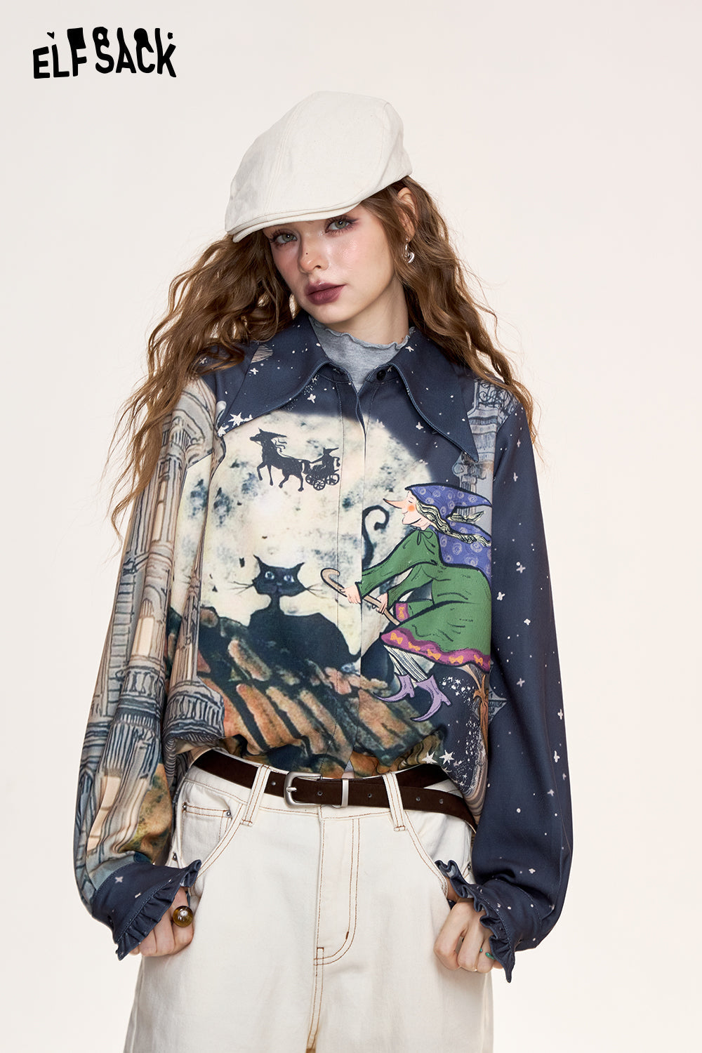 ELFSACK 2024 Winter New Arrivals Original illustrations full print casual shirts for women, retro college style tops