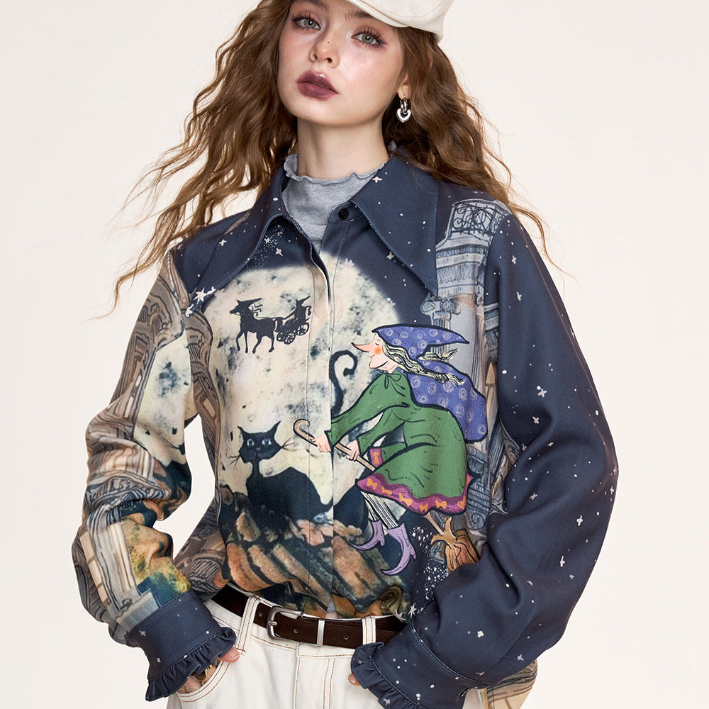 ELFSACK 2024 Winter New Arrivals Original illustrations full print casual shirts for women, retro college style tops