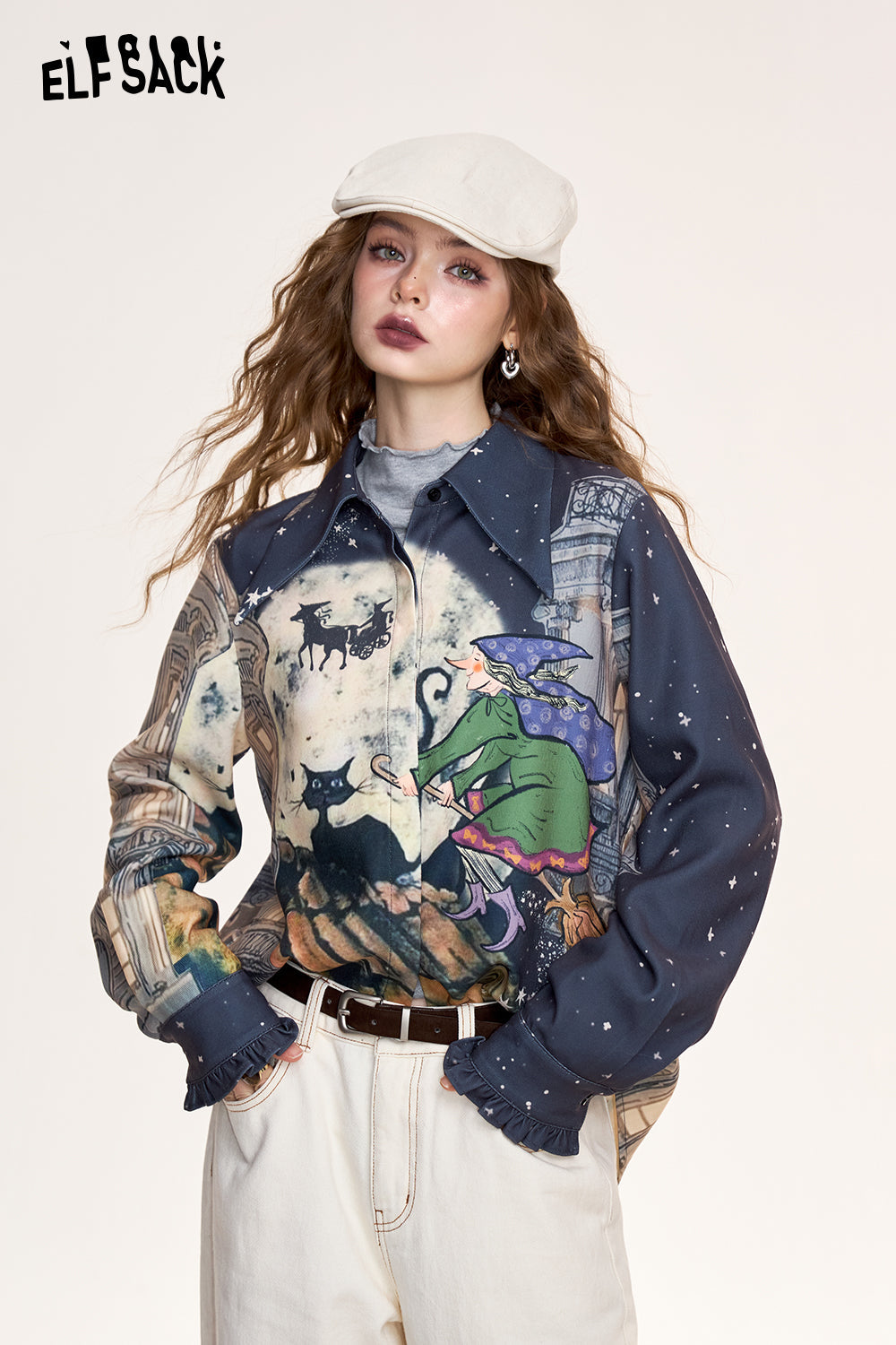 ELFSACK 2024 Winter New Arrivals Original illustrations full print casual shirts for women, retro college style tops