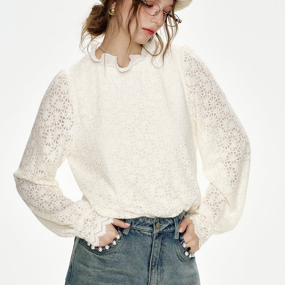 ELFSACK 2024 Winter New Arrivals Sweet preppy style white lace collar blouse