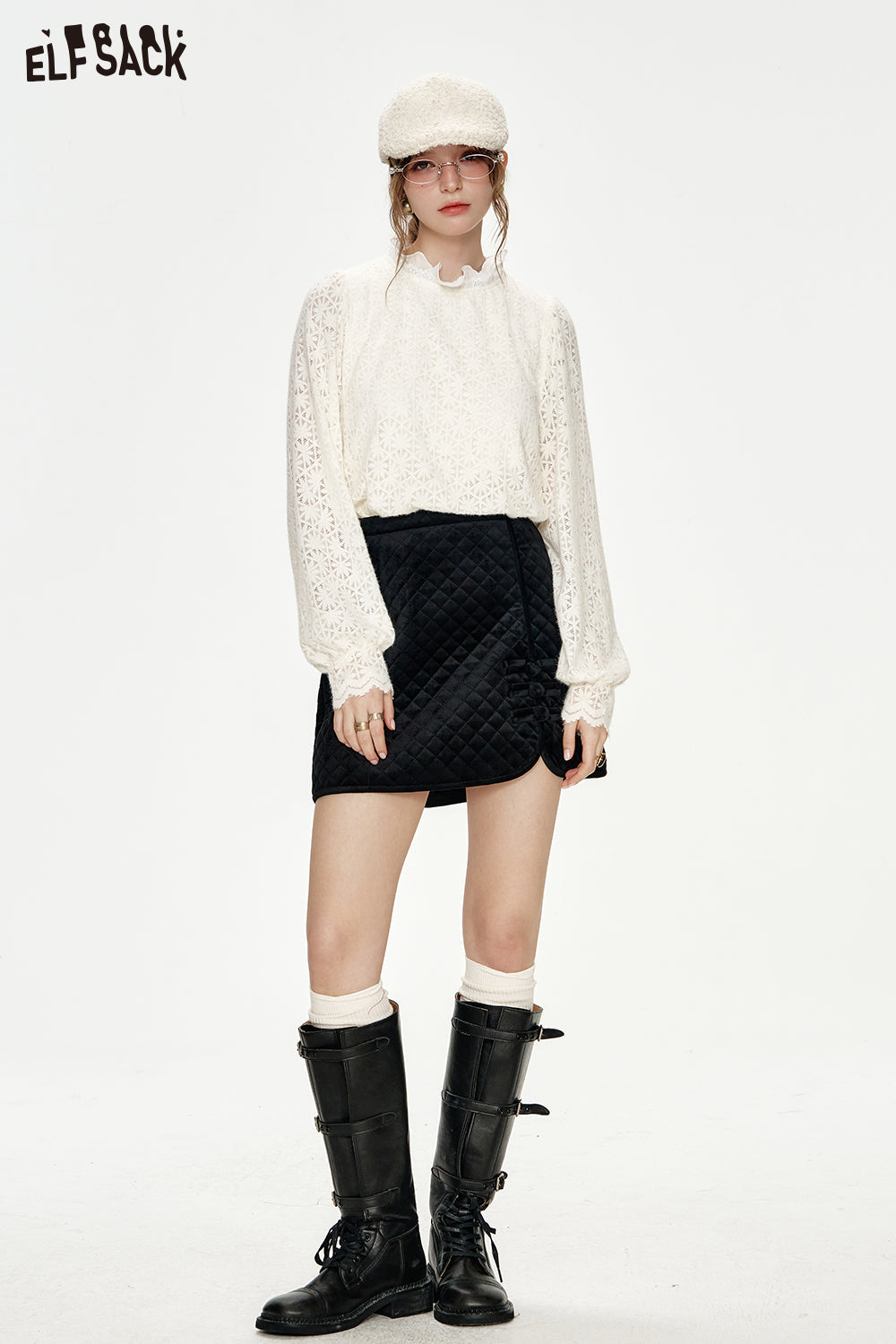 ELFSACK Sweet preppy style white lace collar blouse