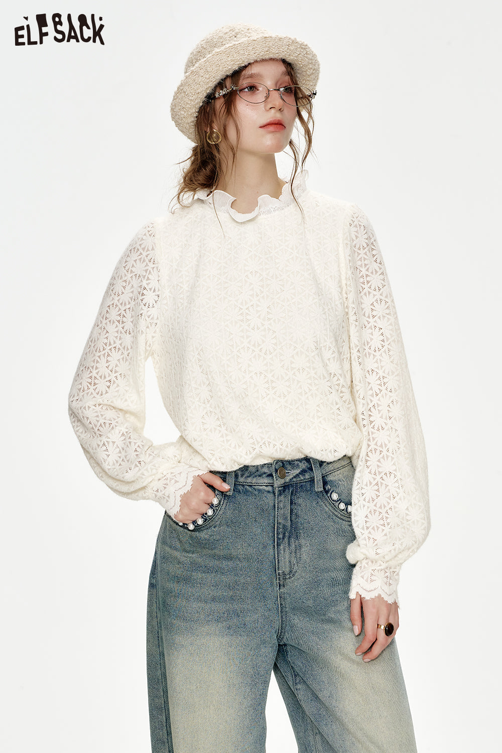 ELFSACK Sweet preppy style white lace collar blouse
