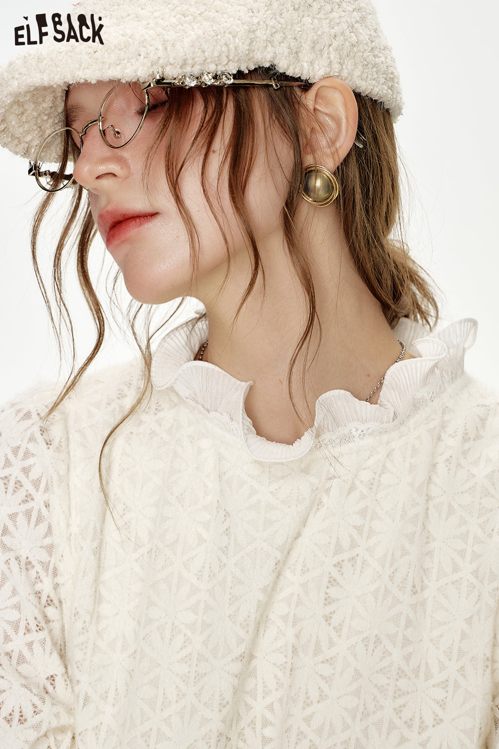 ELFSACK Sweet preppy style white lace collar blouse