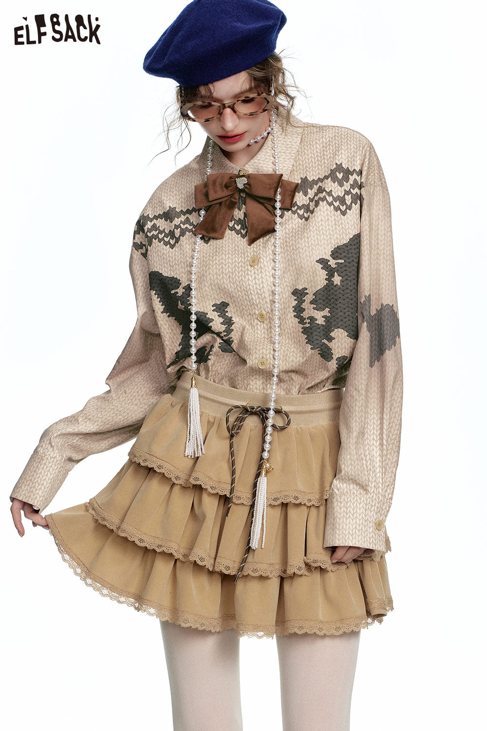 ELFSACK Retro Preppy Style Detachable Bow Original Printed Shirt