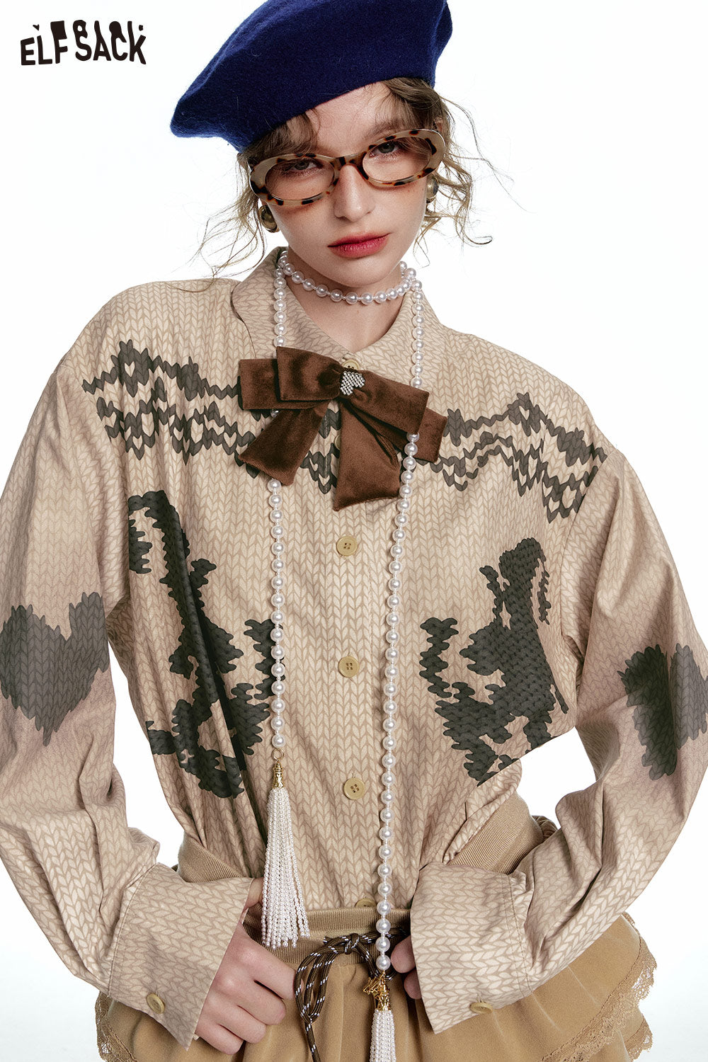 ELFSACK Retro Preppy Style Detachable Bow Original Printed Shirt