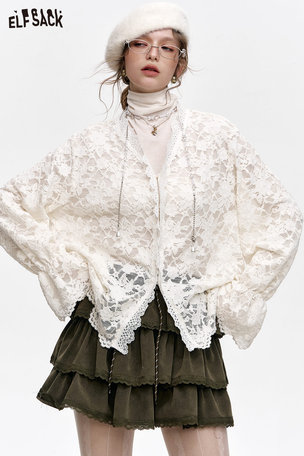 ELFSACK 2024 Winter New Arrivals White lace semi transparent chiffon shirt for women, layered top