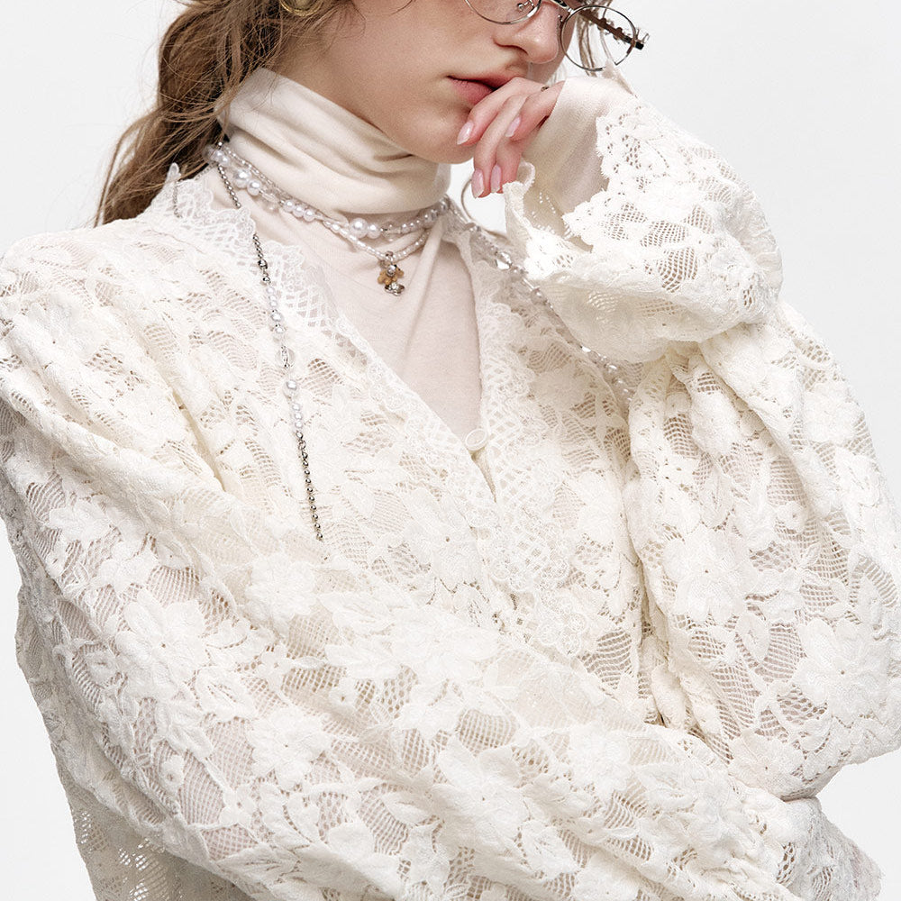 
                  
                    ELFSACK 2024 Winter New Arrivals White lace semi transparent chiffon shirt for women, layered top
                  
                