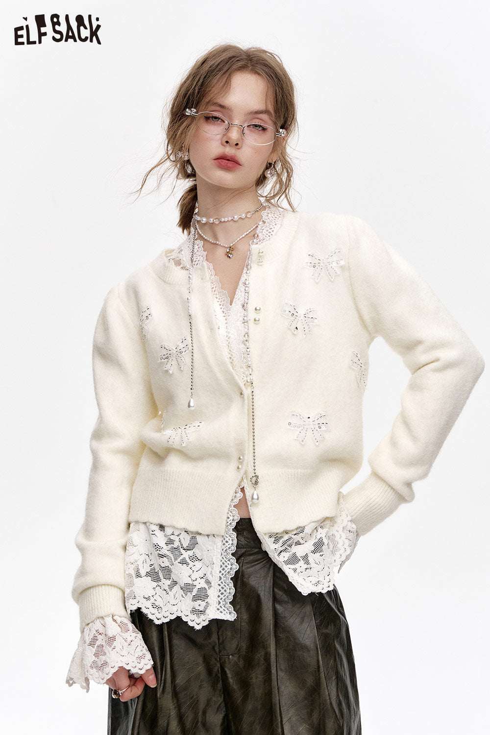 ELFSACK White lace semi transparent chiffon shirt, layered top