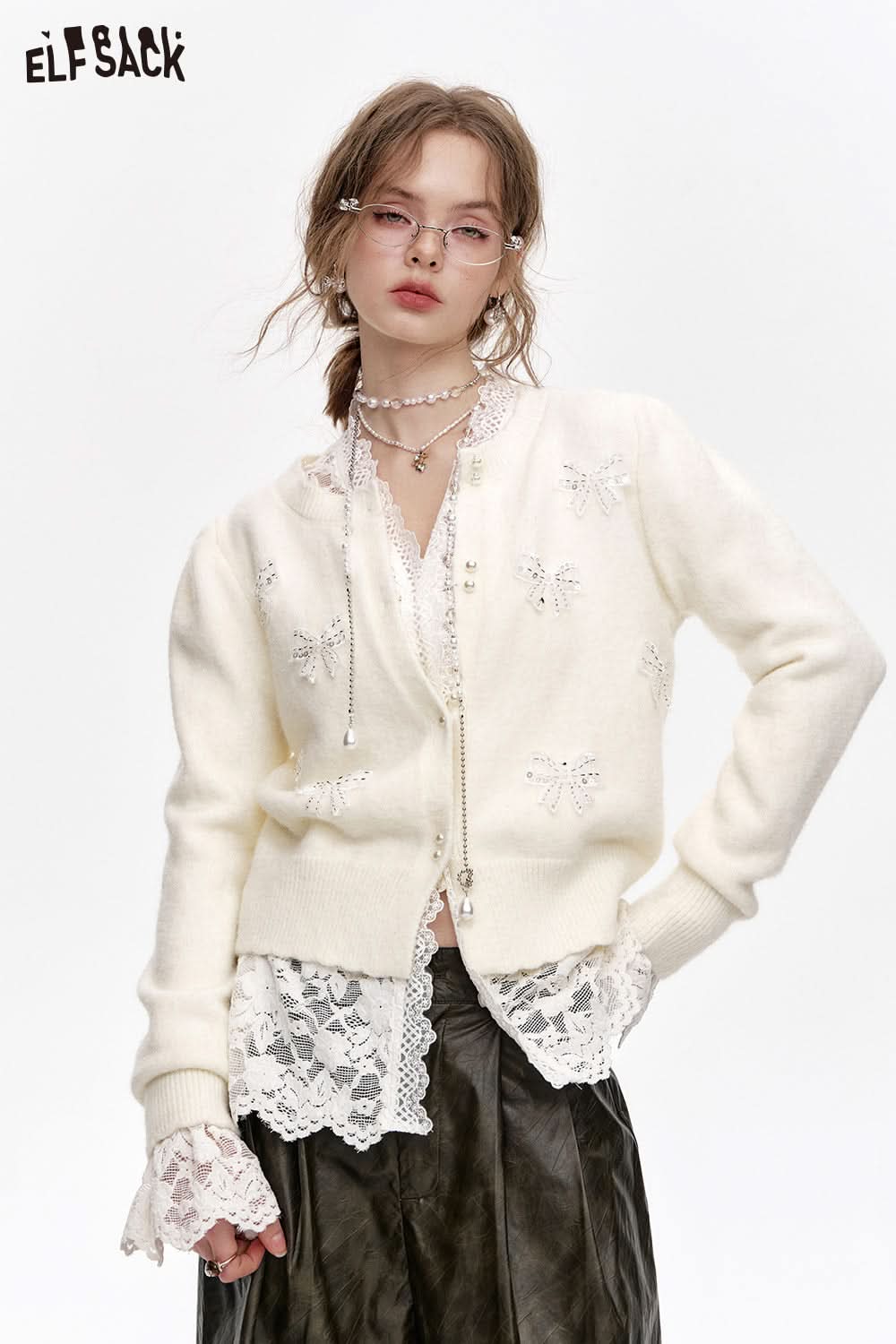 ELFSACK White lace semi transparent chiffon shirt, layered top