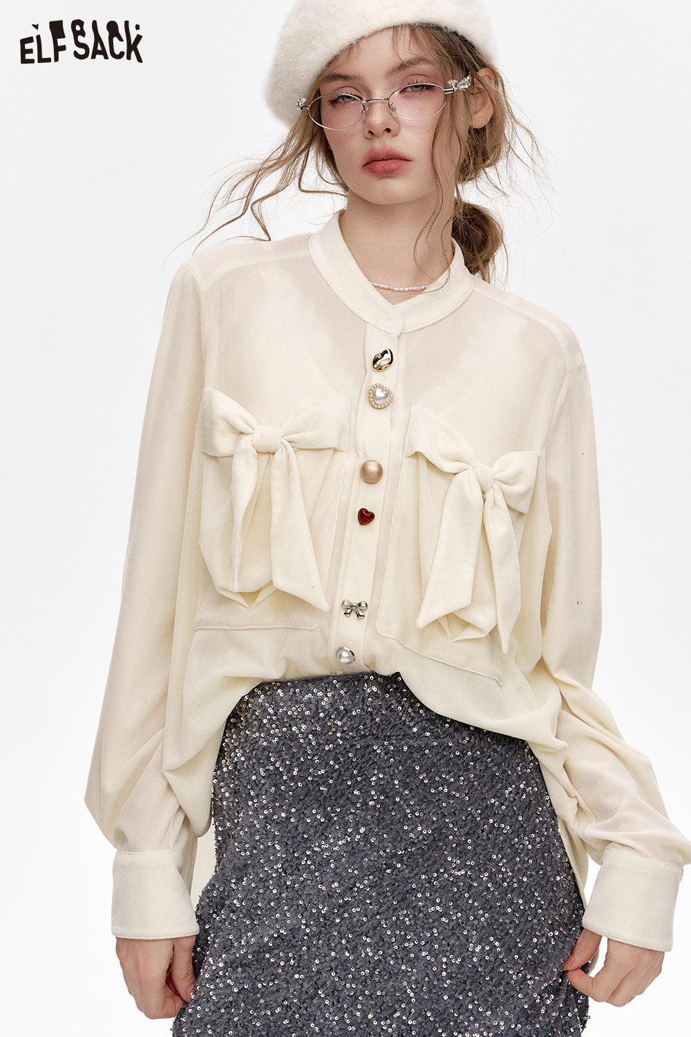 ELFSACK White bow velvet single breasted shirt