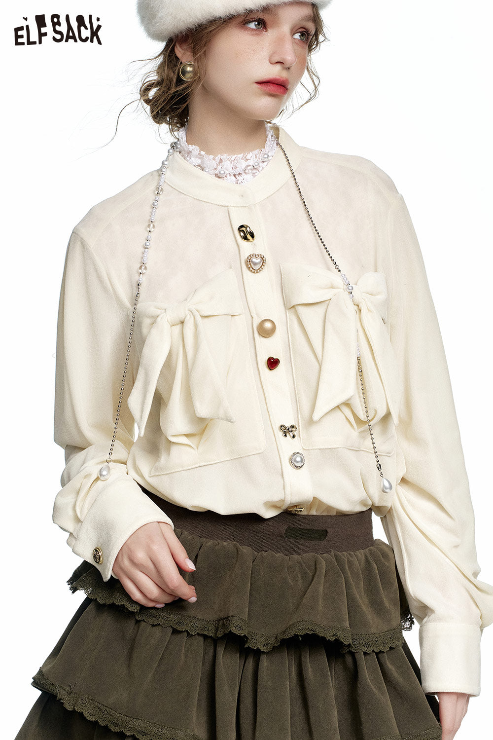 ELFSACK White bow velvet single breasted shirt