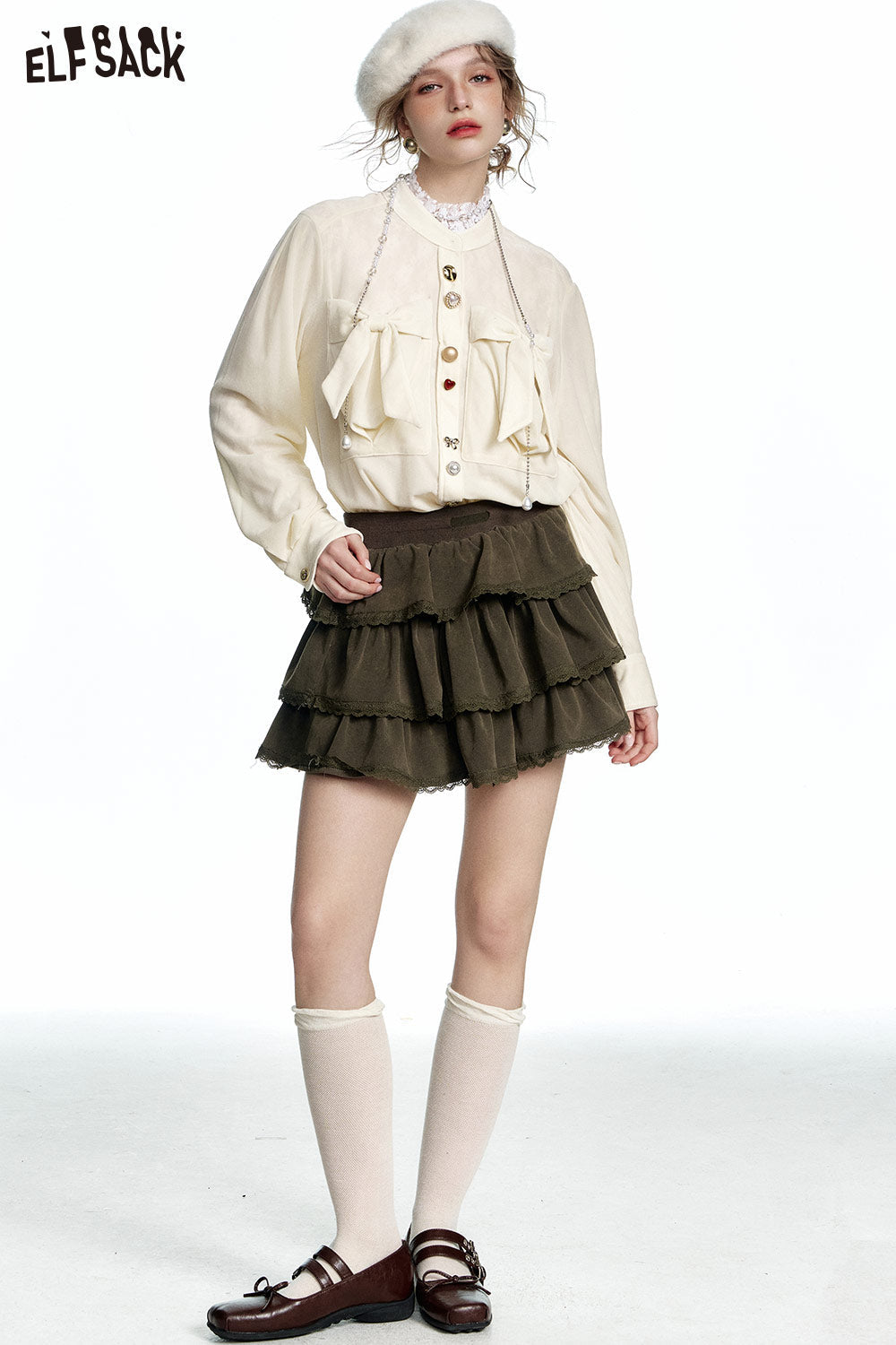 ELFSACK White bow velvet single breasted shirt