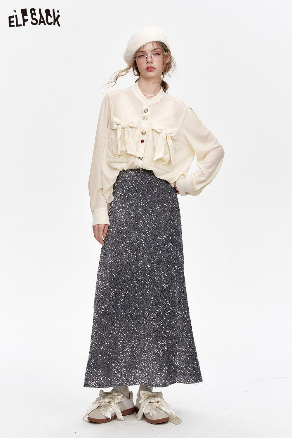 ELFSACK White bow velvet single breasted shirt