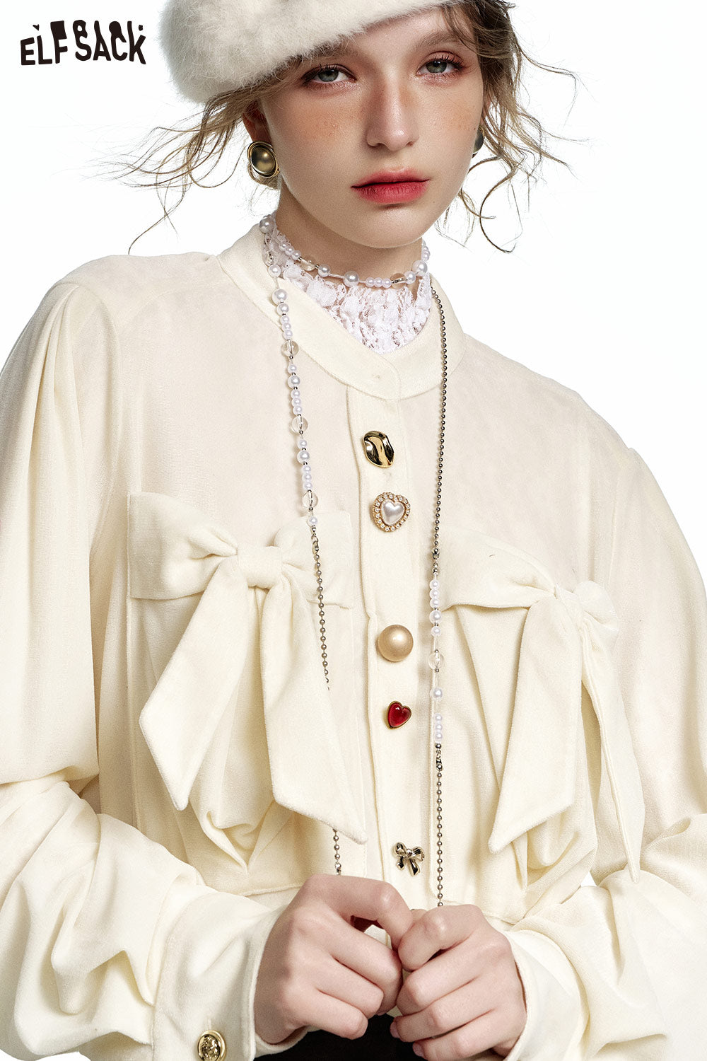 ELFSACK White bow velvet single breasted shirt