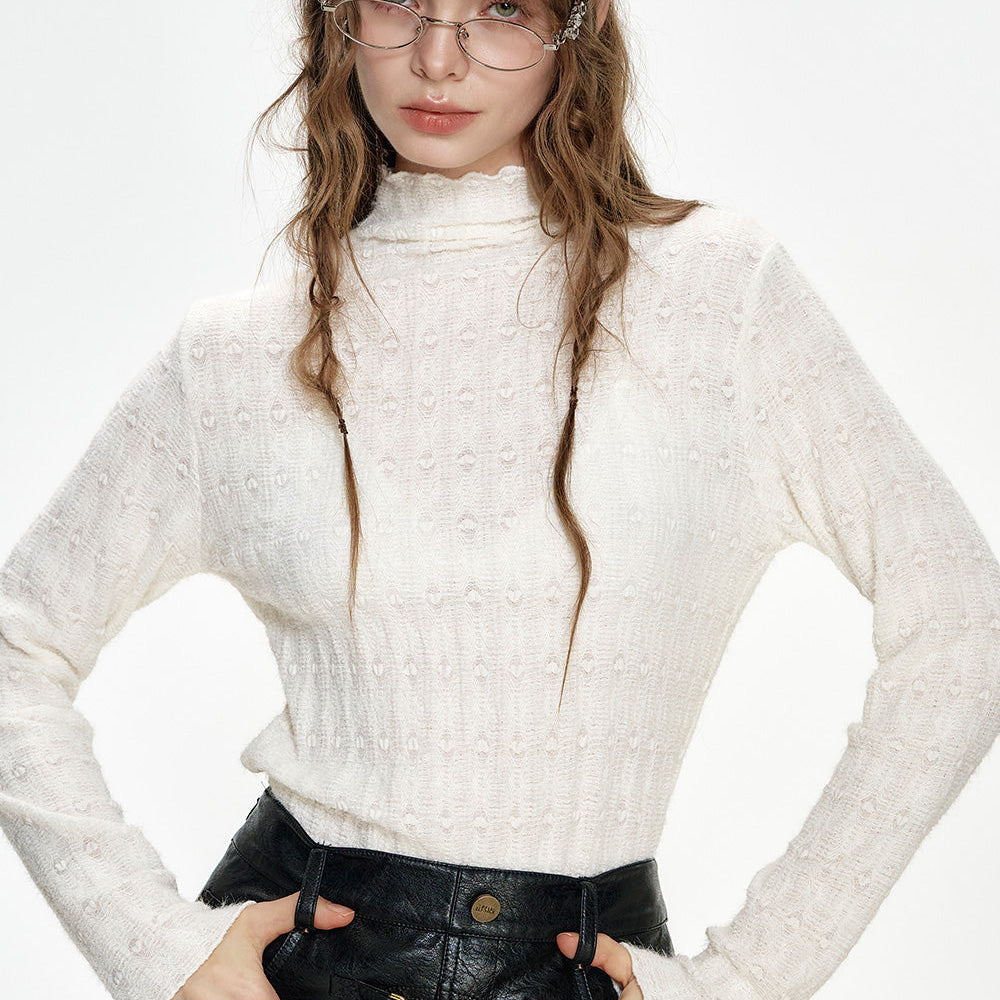 ELFSACK 2024 Winter New Arrivals White lace ruffled high collar bottoming shirt for women all-match soft top