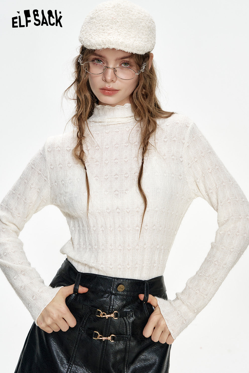 ELFSACK 2024 Winter New Arrivals White lace ruffled high collar bottoming shirt for women all-match soft top