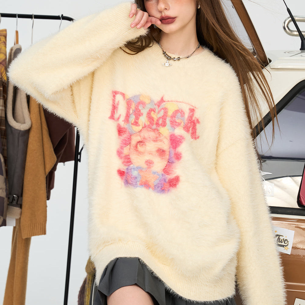 ELFSACK 2024 Winter New Arrivals White sweet cute printed loose sweater for women