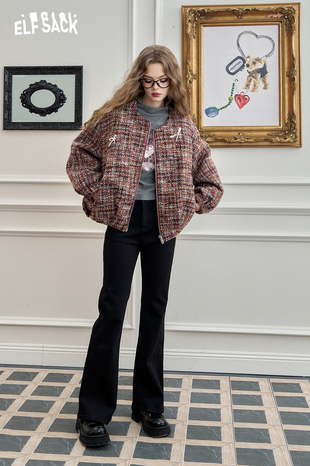 ELFSACK Woven Tweed Jacket Women Short Elegant Casual Plaid