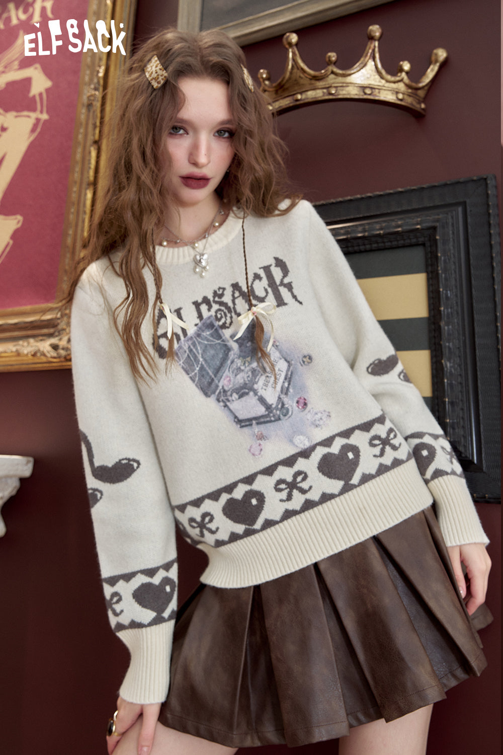 ELFSACK Short sweater knitted jacquard loose soft preppy style