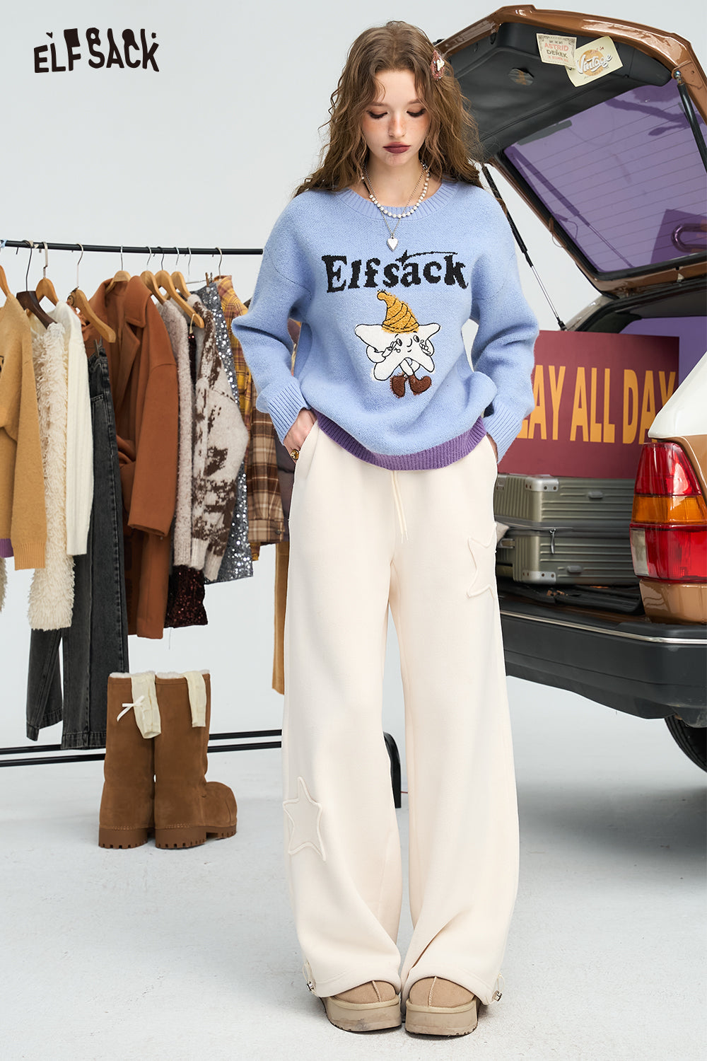 ELFSACK Star jacquard pullover sweater, lazy style loose soft and sticky top
