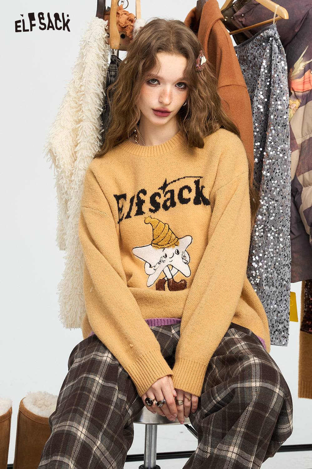 ELFSACK Star jacquard pullover sweater, lazy style loose soft and sticky top