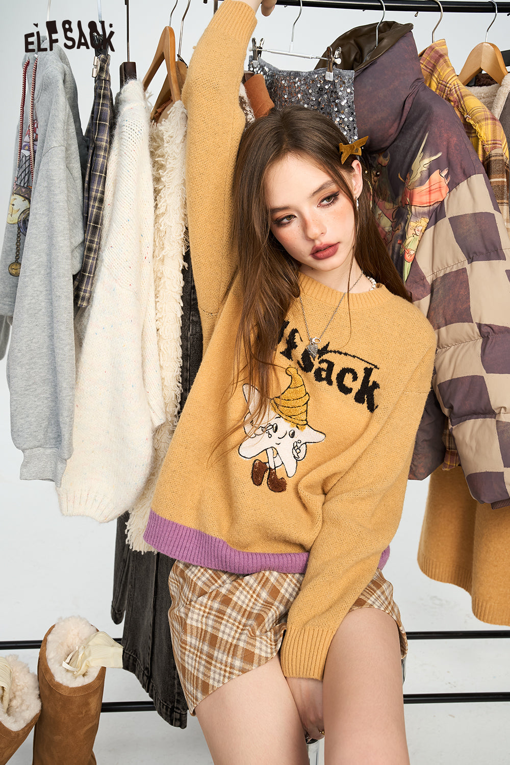 ELFSACK 2024 Winter New Arrivals Star jacquard pullover sweater for women, lazy style loose soft and sticky top