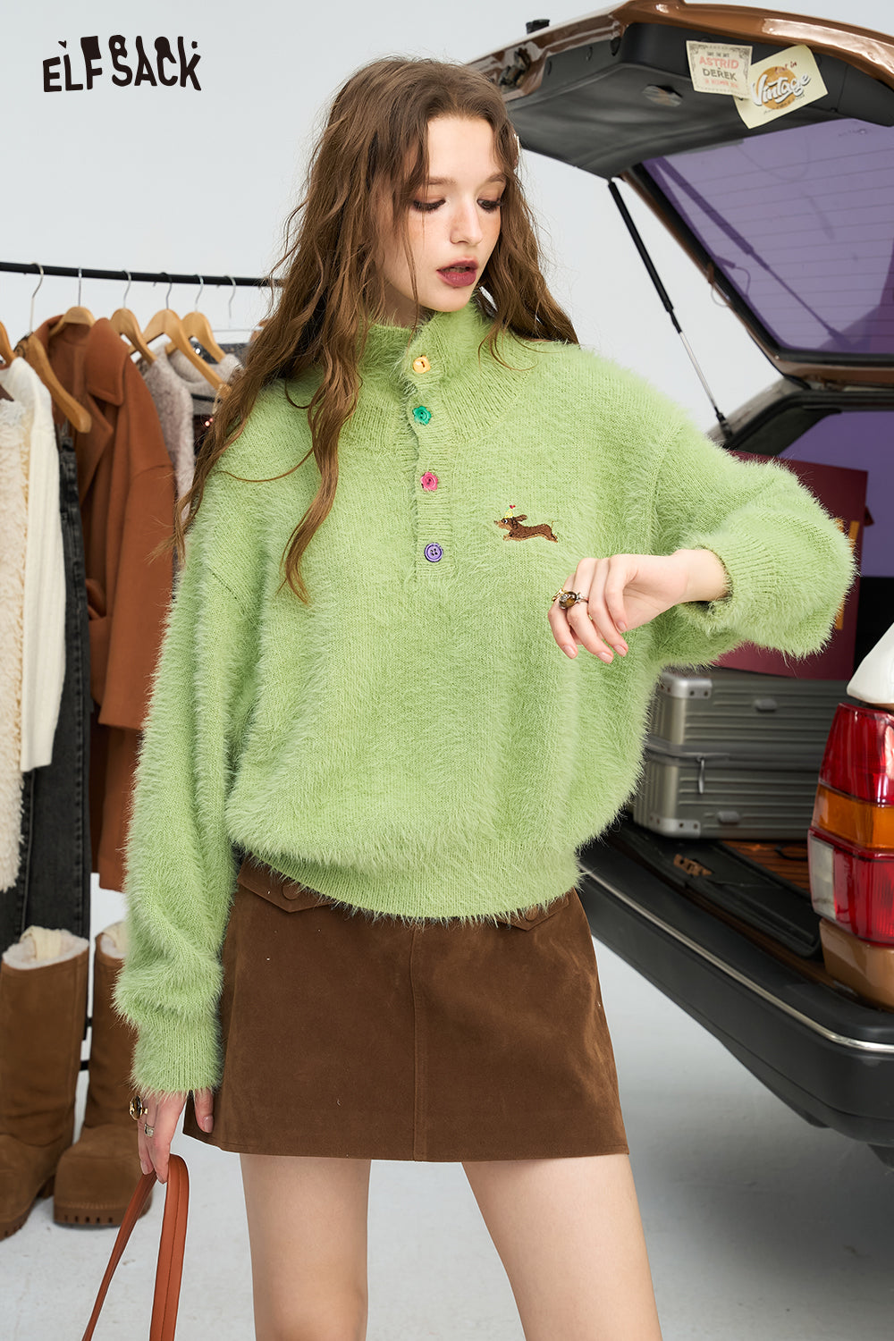 ELFSACK Polo collar short sweater, fluffy and soft loose top