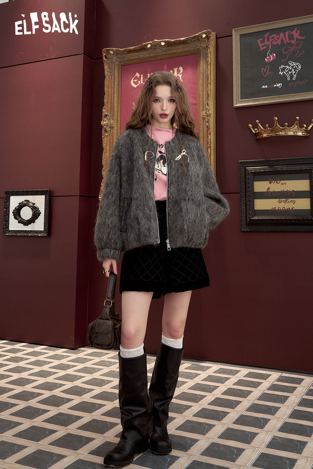 ELFSACK Grey short woolen coat Elegant long woolen jacket
