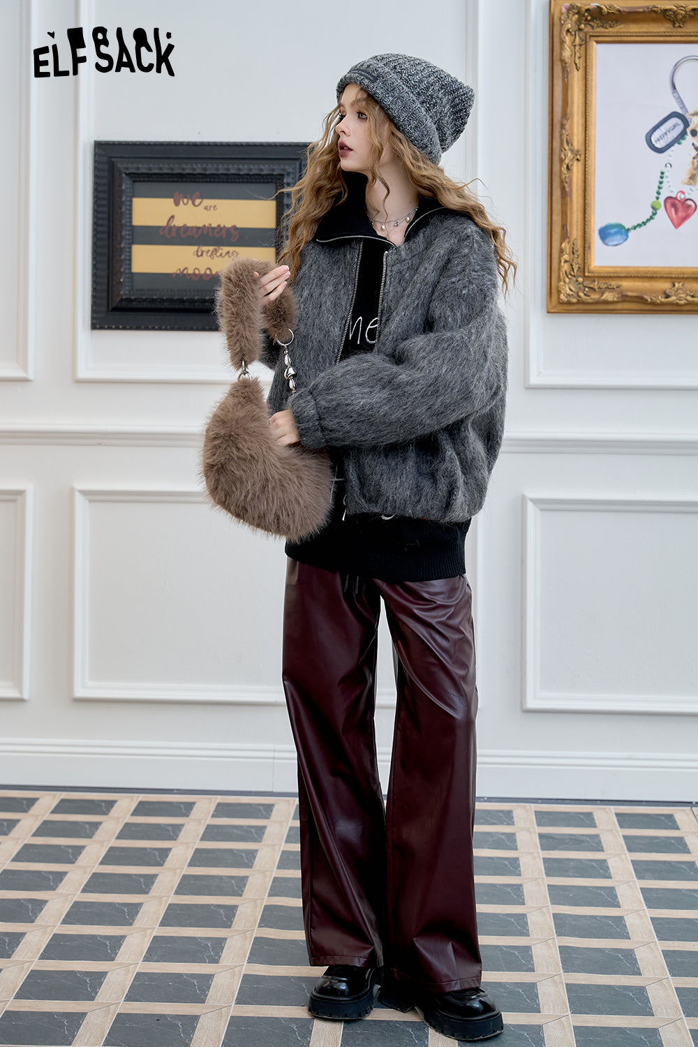 ELFSACK Grey short woolen coat Elegant long woolen jacket