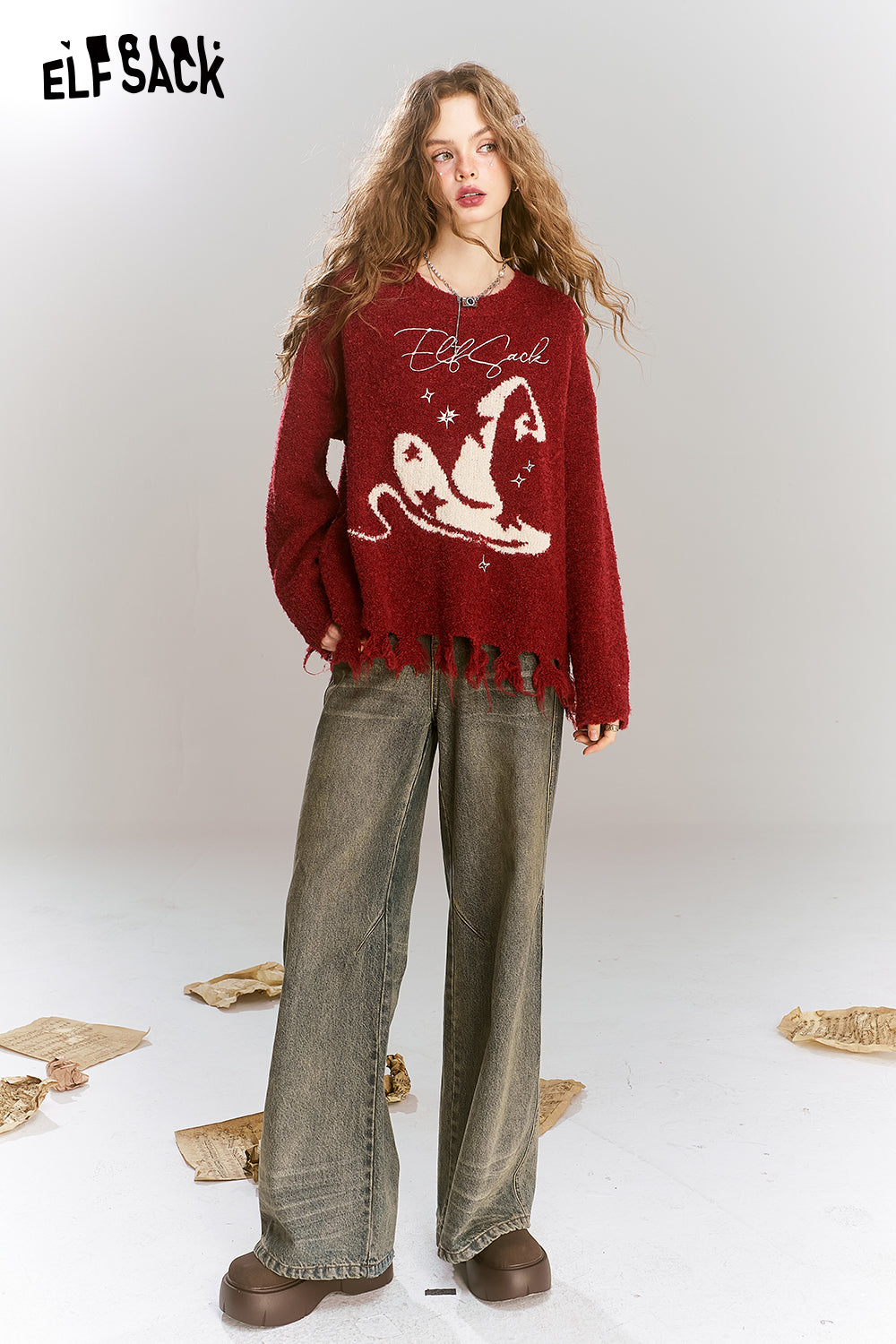 ELFSACK Women's Pullover Sweater Fluffy Loose Cute Soft Top