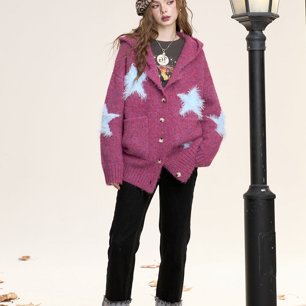 ELFSACK 2024 Winter New Arrivals Women's loose and sweet star contrast hooded sweater cardigan