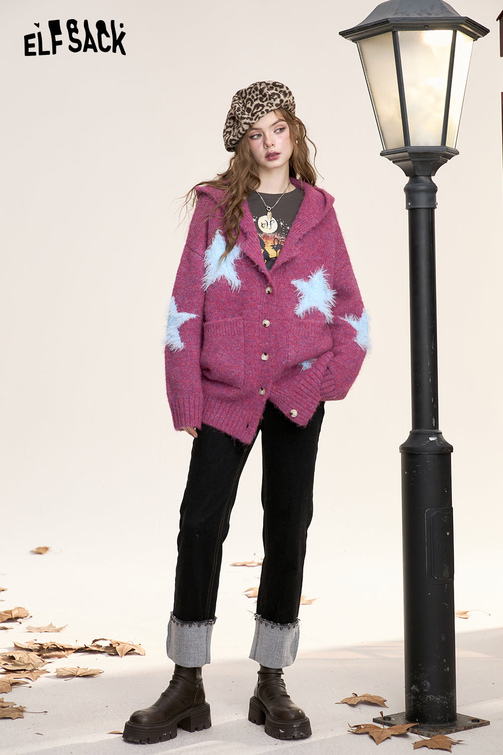 ELFSACK 2024 Winter New Arrivals Women's loose and sweet star contrast hooded sweater cardigan