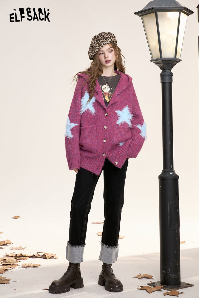 
                  
                    ELFSACK 2024 Winter New Arrivals Women's loose and sweet star contrast hooded sweater cardigan
                  
                