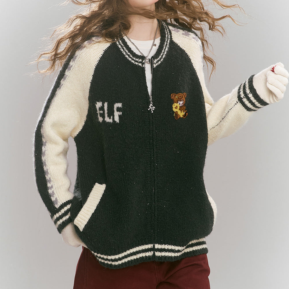 
                  
                    ELFSACK 2024 Winter New Arrivals Sweet and Cool Raglan Sleeves with Cartoon Applique and Zipper Knitted Sweater Cardigan for Women
                  
                