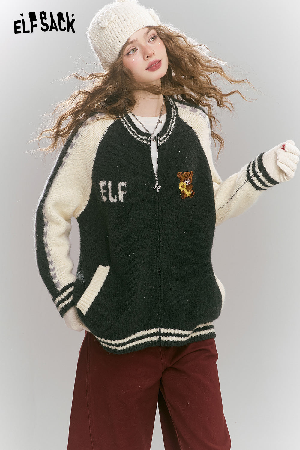 ELFSACK Sweet and Cool Raglan Sleeves with Cartoon Applique and Zipper Knitted Sweater Cardigan