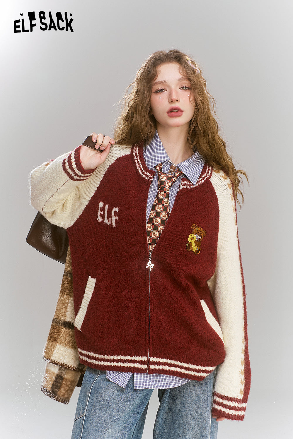 ELFSACK Sweet and Cool Raglan Sleeves with Cartoon Applique and Zipper Knitted Sweater Cardigan