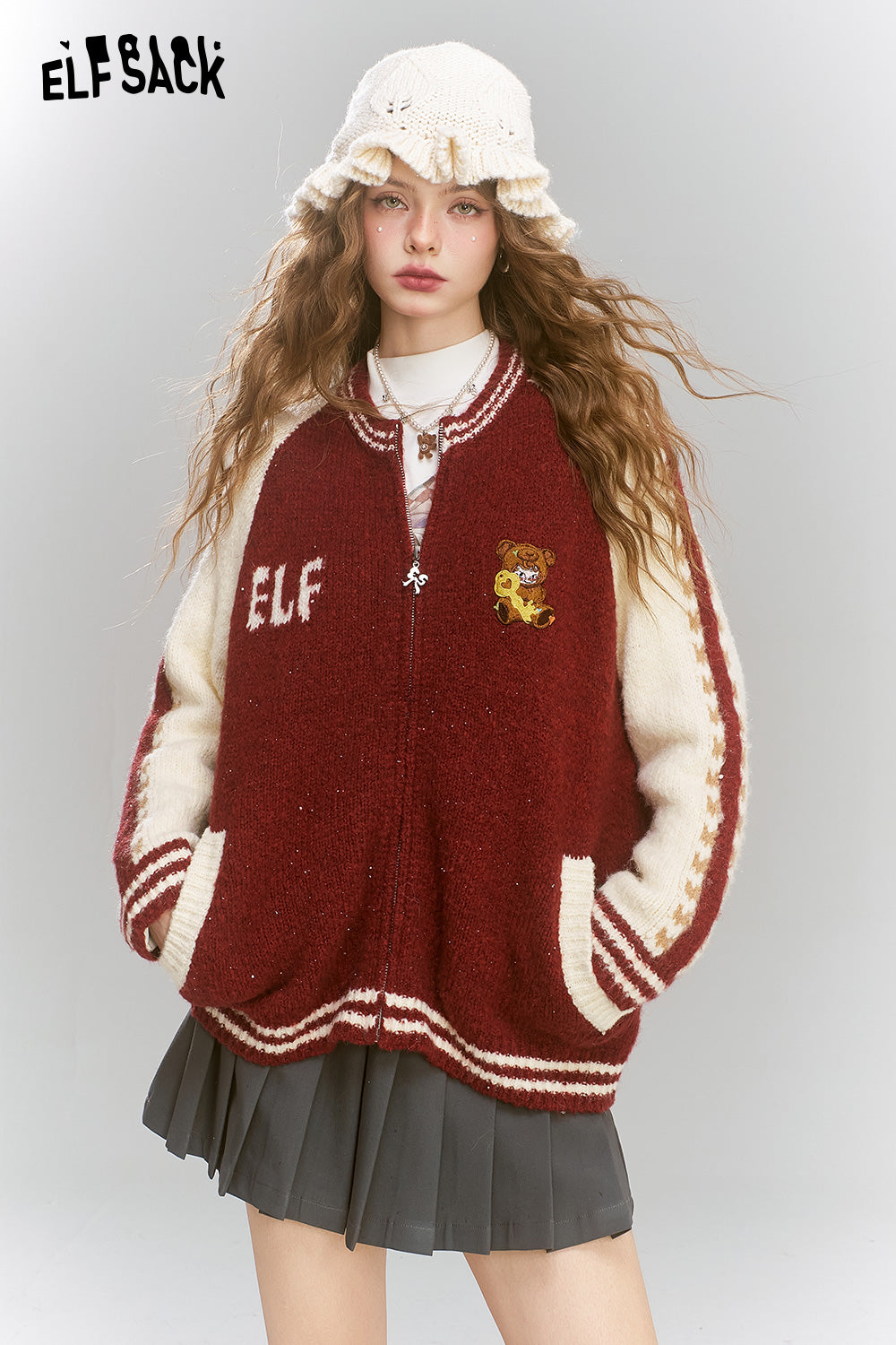 ELFSACK Sweet and Cool Raglan Sleeves with Cartoon Applique and Zipper Knitted Sweater Cardigan