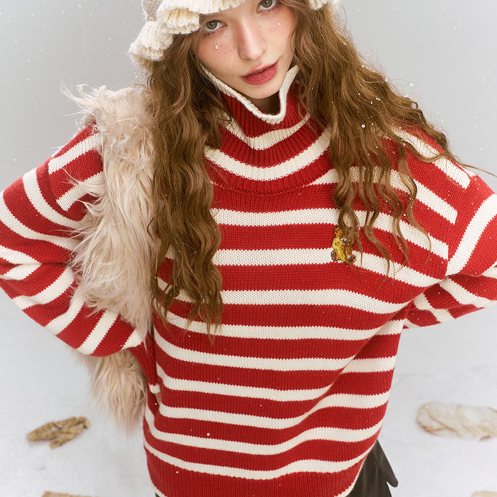 ELFSACK 2024 Winter New Arrivals Vintage versatile red striped cartoon embroidered high neck sweater for women