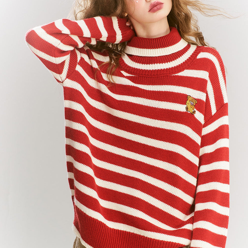 ELFSACK 2024 Winter New Arrivals Vintage versatile red striped cartoon embroidered high neck sweater for women