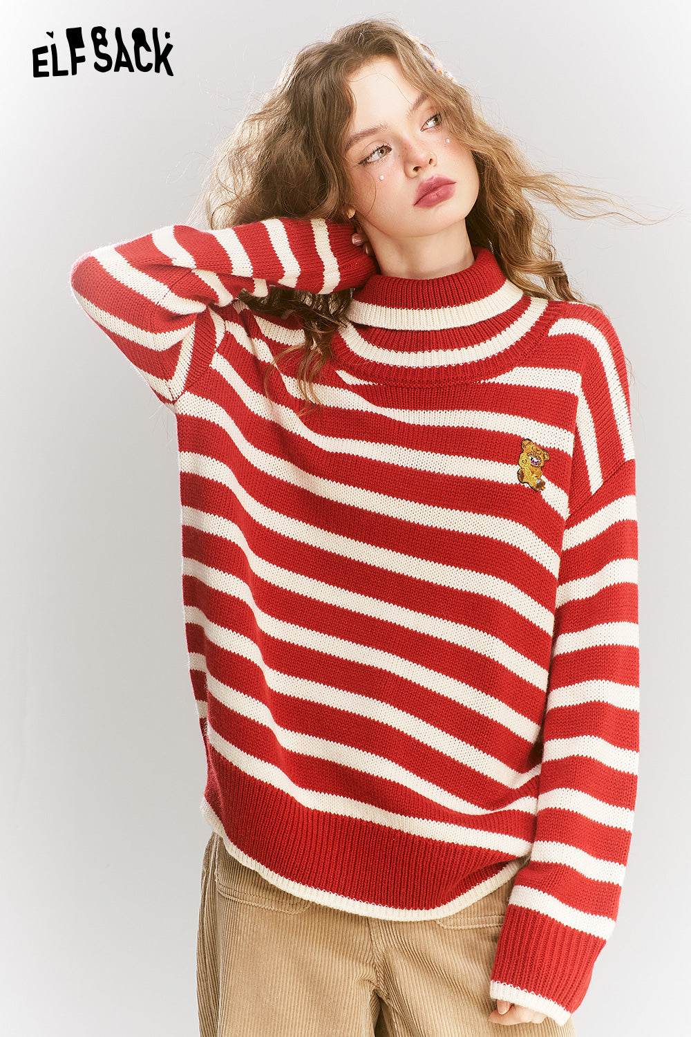 ELFSACK 2024 Winter New Arrivals Vintage versatile red striped cartoon embroidered high neck sweater for women