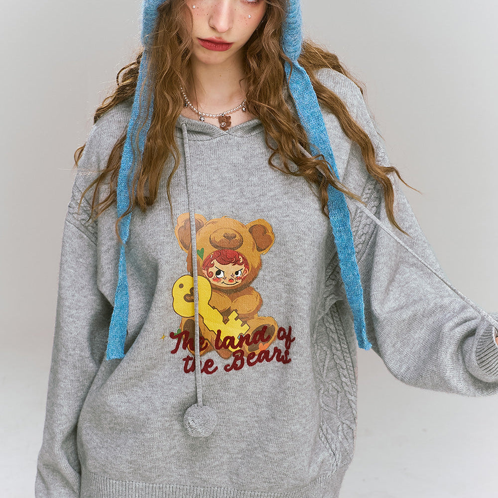 ELFSACK 2024 Winter New Arrivals Grey bear hooded sweater for women, Versatile soft top