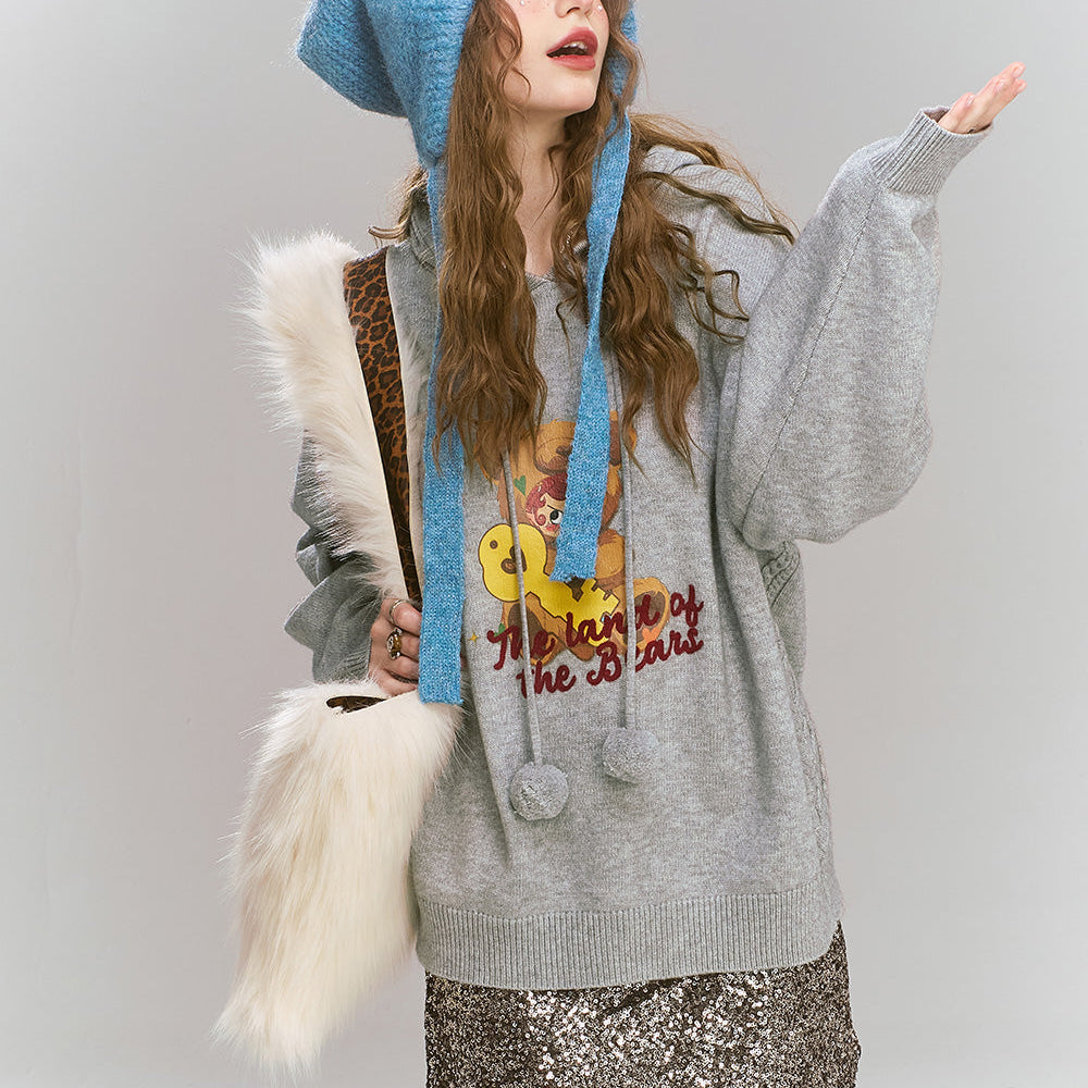 
                  
                    ELFSACK 2024 Winter New Arrivals Grey bear hooded sweater for women, Versatile soft top
                  
                