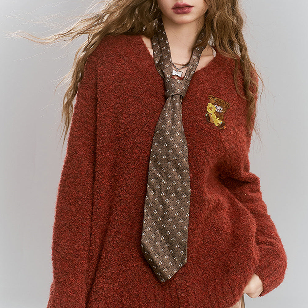 
                  
                    ELFSACK 2024 Winter New Arrivals Dark Red Loose Soft V-Neck Bear Patch Sweater Women
                  
                