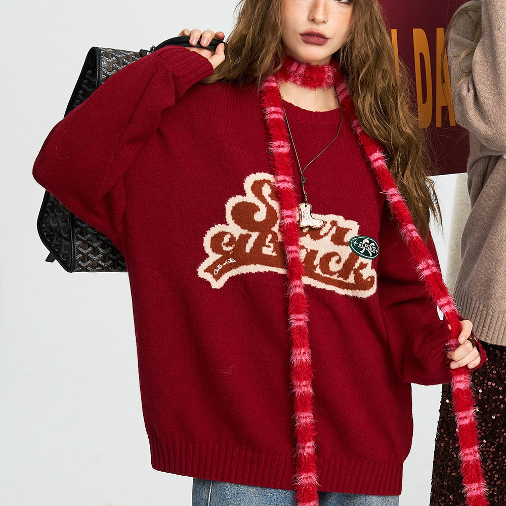 ELFSACK 2024 Winter New Arrivals Letter lazy style soft and sticky pullover sweater for women