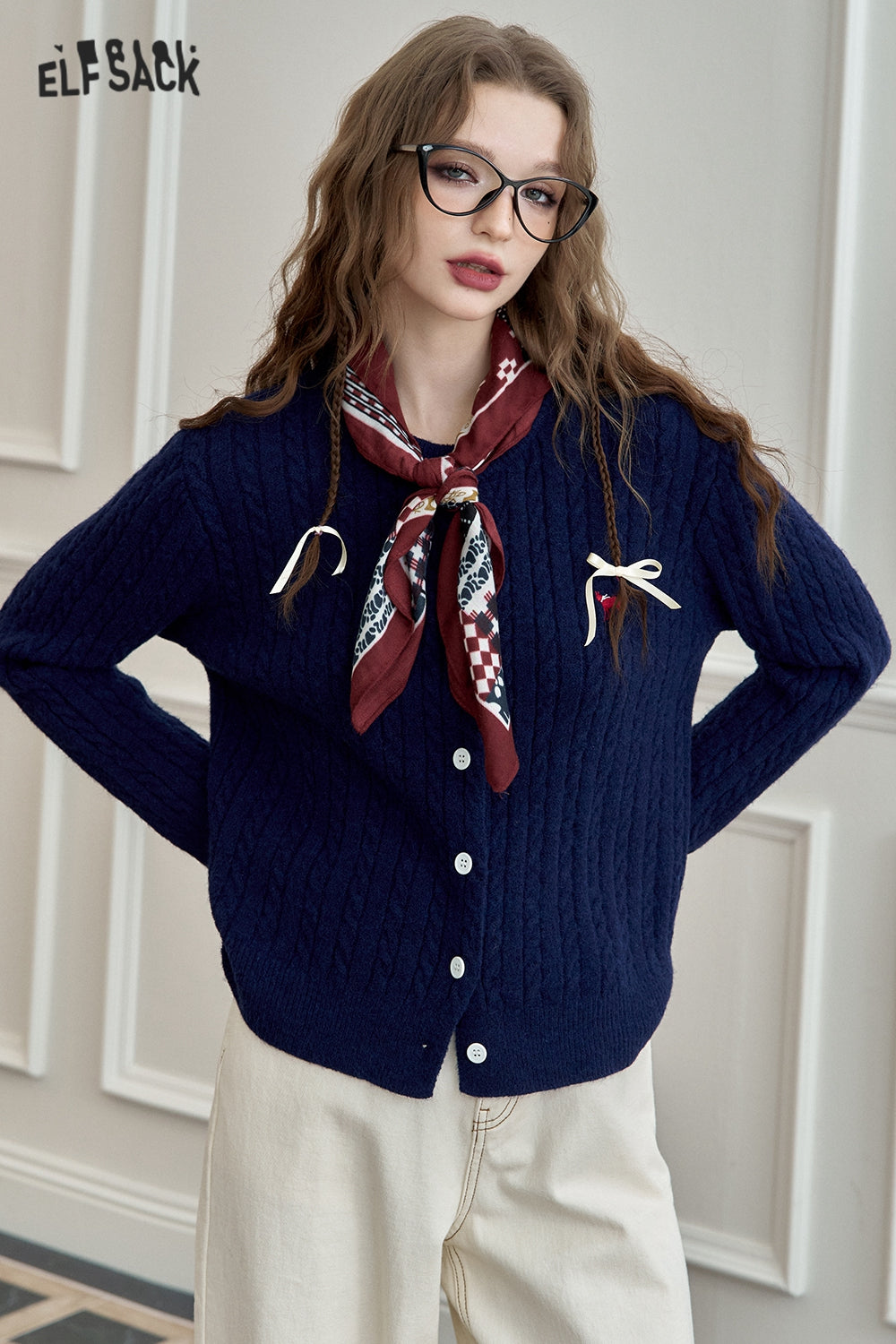 
                  
                    ELFSACK 2024 Autumn New Arrivals Retro Twisted Knit Cardigan for Women Cute Style Fitted College Look
                  
                