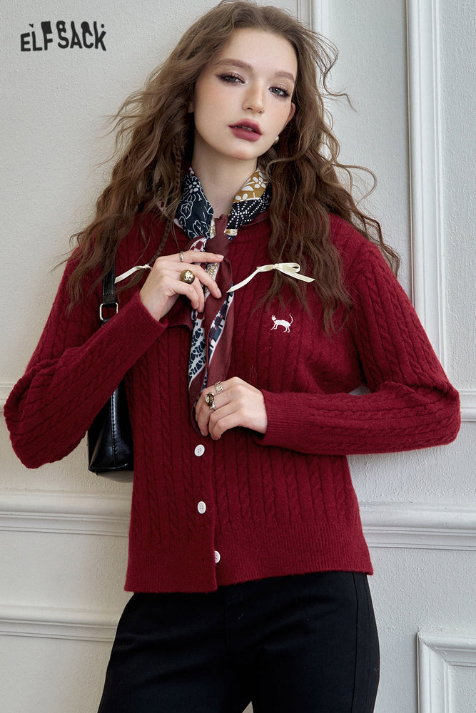 
                  
                    ELFSACK 2024 Autumn New Arrivals Retro Twisted Knit Cardigan for Women Cute Style Fitted College Look
                  
                